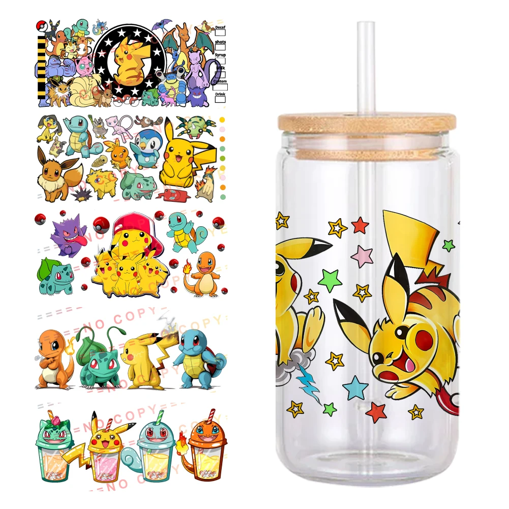 Japanese Cartoon Pokemon Pikachu Pattern UV DTF Transfer Sticker Waterproof Transfers Decals For 16oz Glass Cup Wrap Stickers