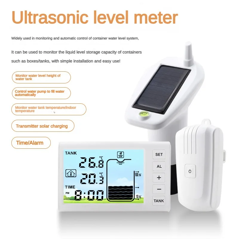 

TS-FT001 Ultrasonic Liquid Level Gauge Water Tank Liquid Depth Monitor with Water Thermometer Solar Powered IP65 Waterproof