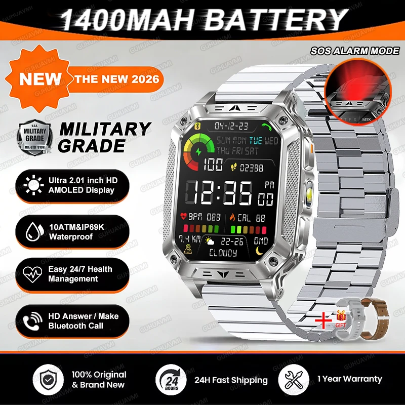 2026 TANK Nieuwe 1400mAh Militaire GPS Smart Watch Mannen 2.01 "AMOLED Scherm 10ATM Waterdichte Klok SOS Oproep Zaklamp Smartwatch iOS