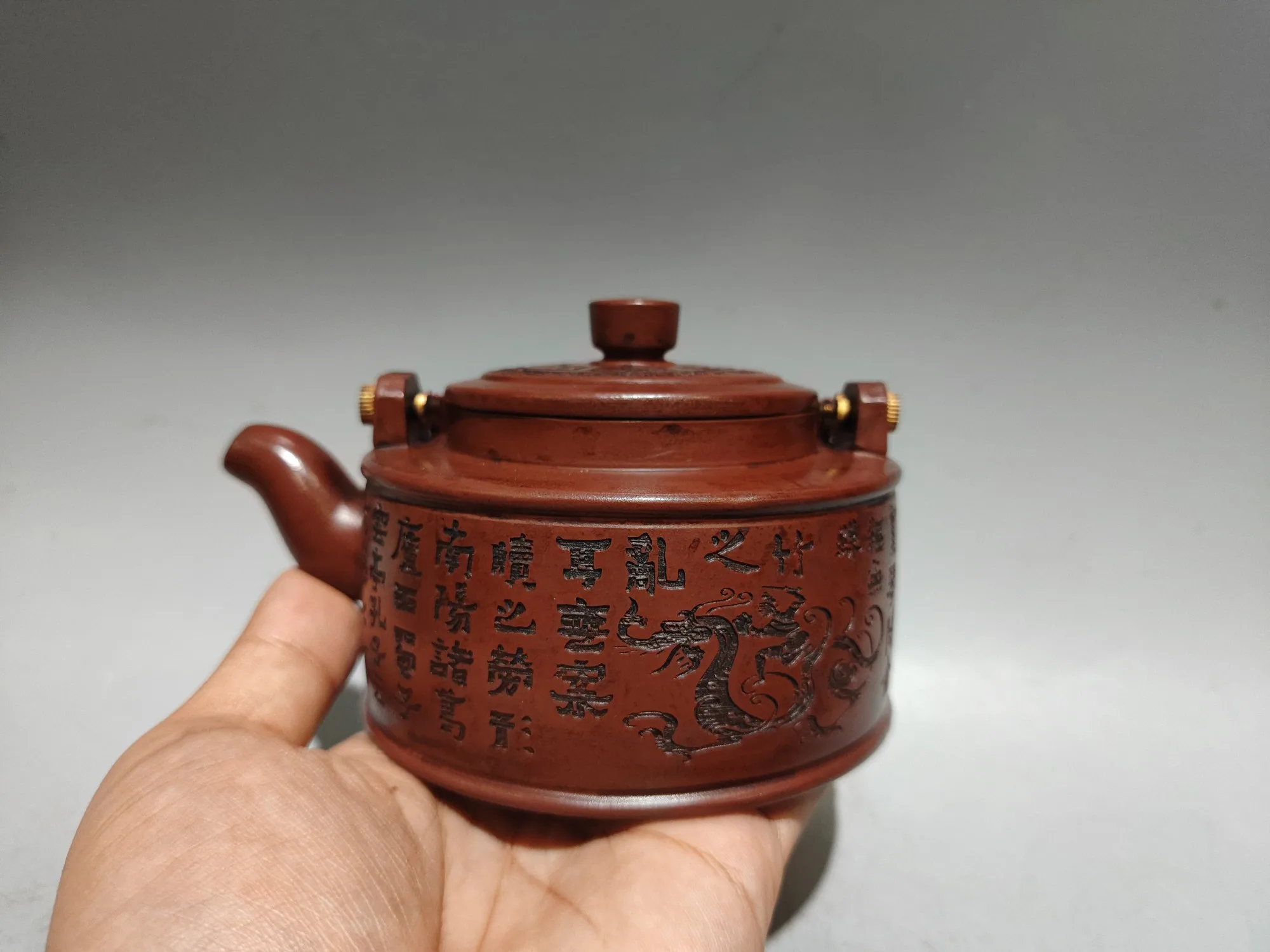 

5"Chinese Yixing Purple Clay Teapot Dragon engraved pattern Copper handle pot tea ceremony Kettle Teapot Flagon Ornaments
