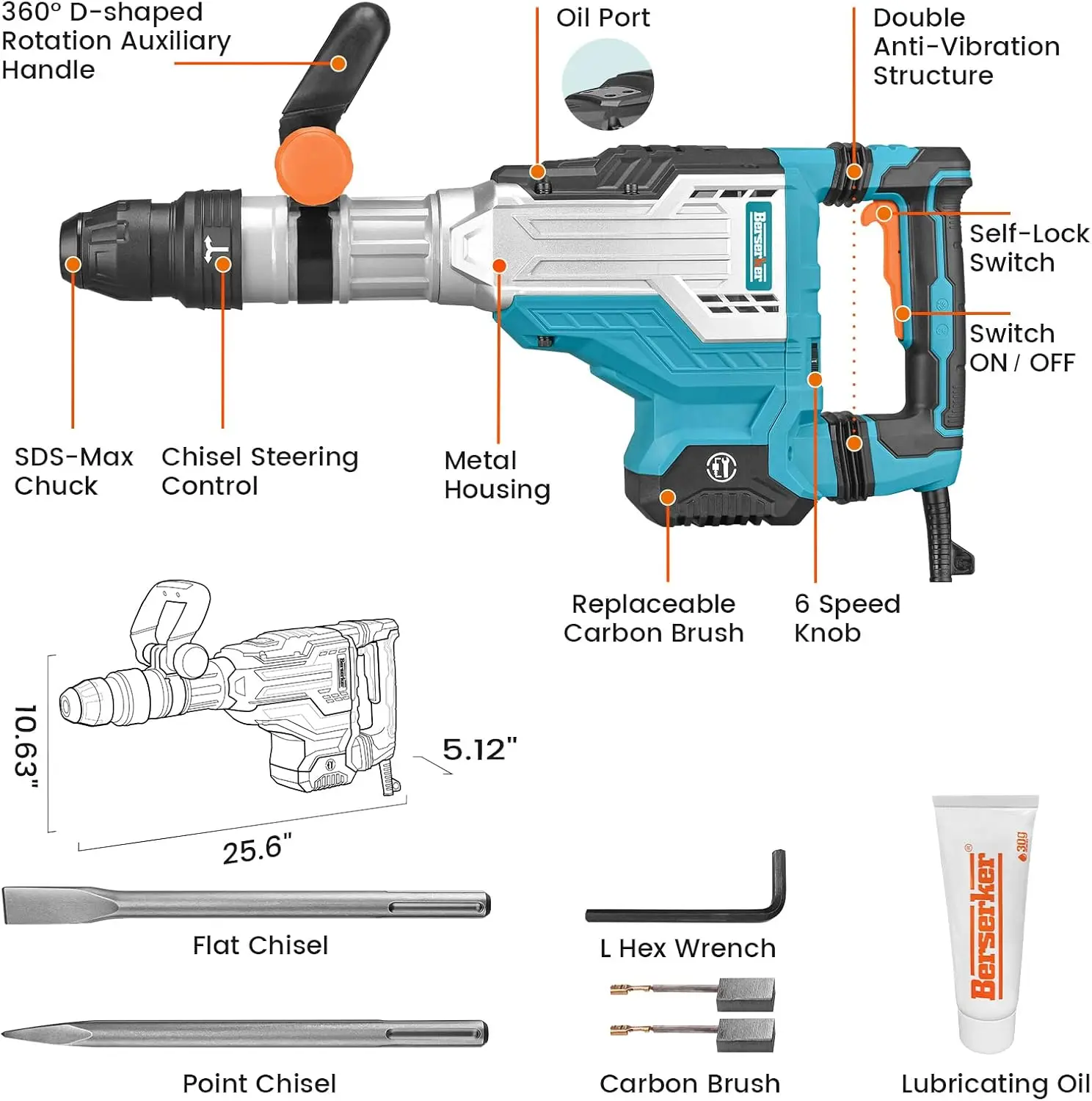 Berserker 1700W 25-Pound SDS-Max Demolition Jack Hammer, 1-9/16