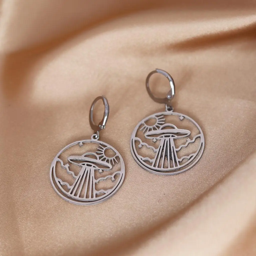 QIMING Stainless Steel Ufo Sun Earrings For Women Vintage Jewelry Universe Galaxy Solar Hoop Earrings