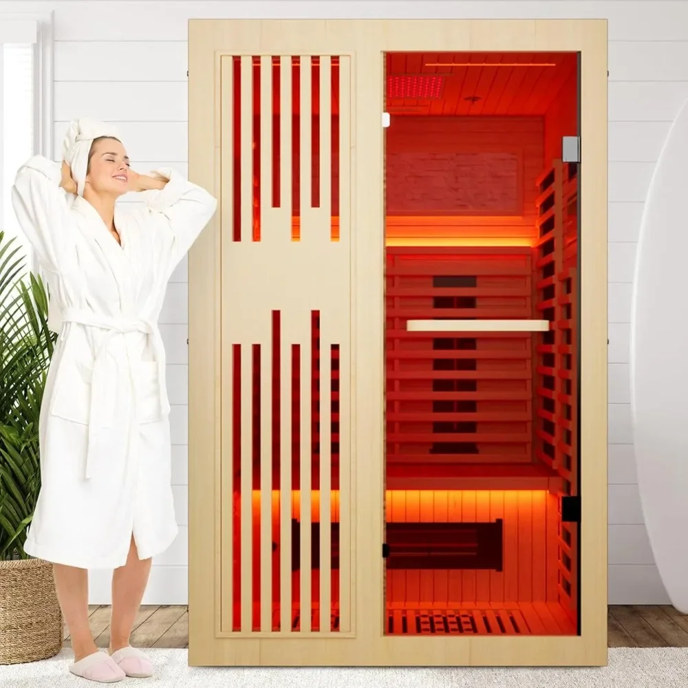 Full Spectrum Sauna for Home, 1~2 Person Indoor Infrared Saunas Room, Canadian Hemlock Wood Home Infrared Sauna