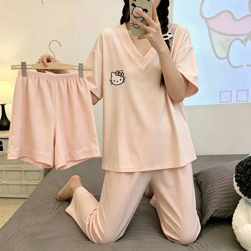

Sanrio Hello Kitty Pajama 3 Piece Set Women Shorts Short Sleeve Pant Sleepwear Summer Pijama Cartoon Pyjamas Casual Home Clothes