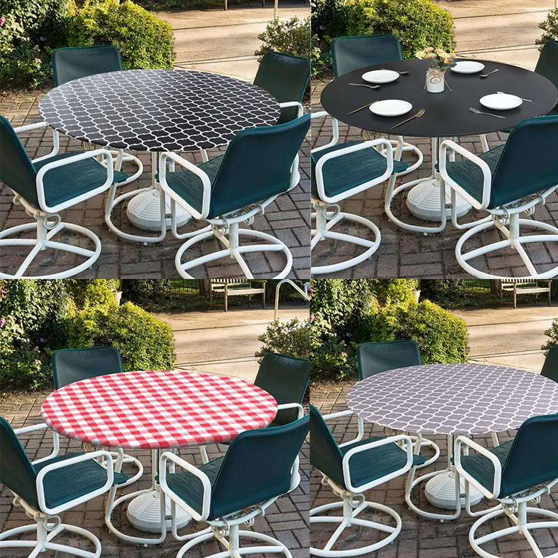 1PC Round Table Cloth Fitted Vinyl Tablecloth Elastic Waterproof Dining Table Covers Home Decoration For Picnic Camping Out