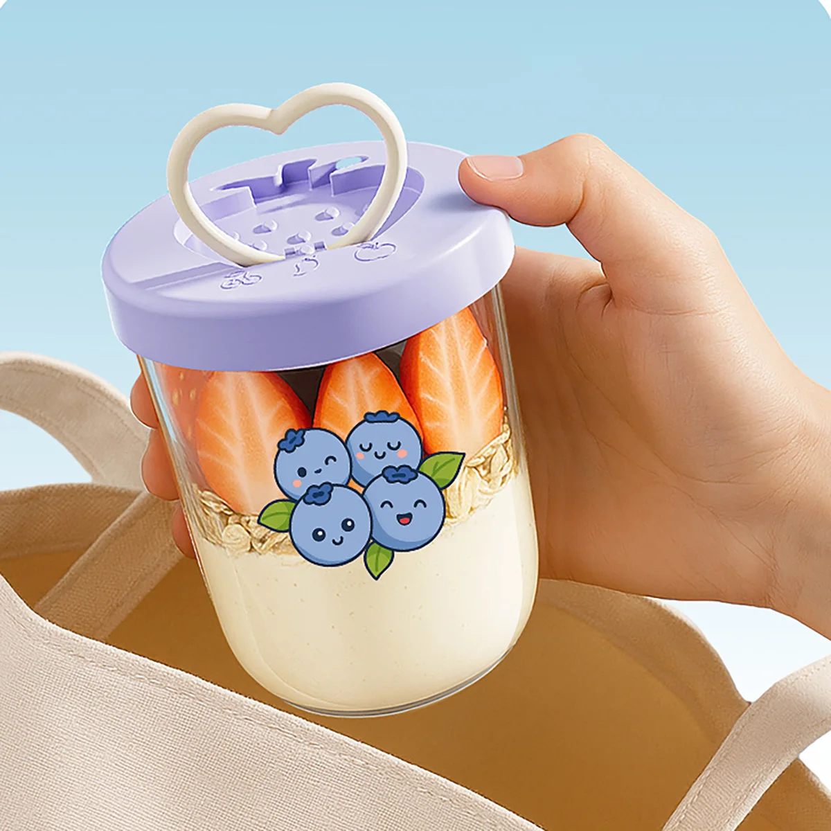 كوب سلطة فواكه محمول بطبقة مزدوجة مع شوكة ملصق لطيف مانع للتسرب كوب الإفطار حاوية شوفان الزبادي للأطفال الطلاب