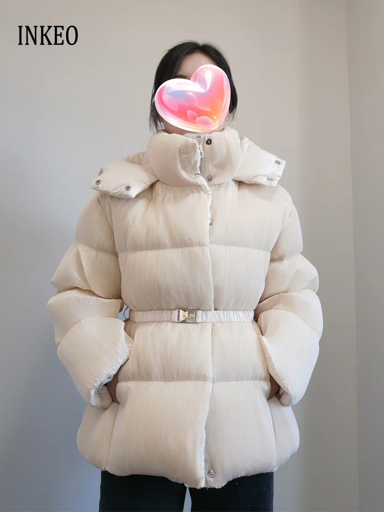 

Luxury Women's Pleated down jacket with belt 2024 Winter Warm Thick Hooded puffer coat Beige Brown Fashion Outwear INKEO DJ087