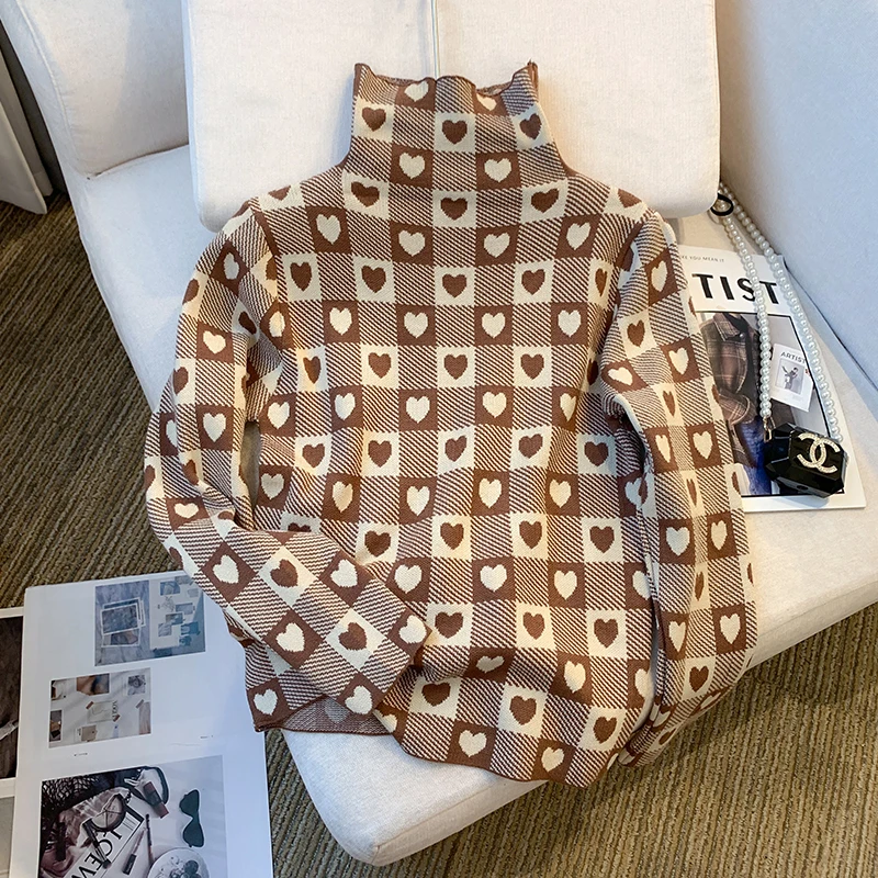 Women Black Plaid Knit Pullover Sweater Harajuku 2000s Vintage Y2k Long Sleeves Turtleneck Cashmere Sweaters Clothes 2025 Autumn