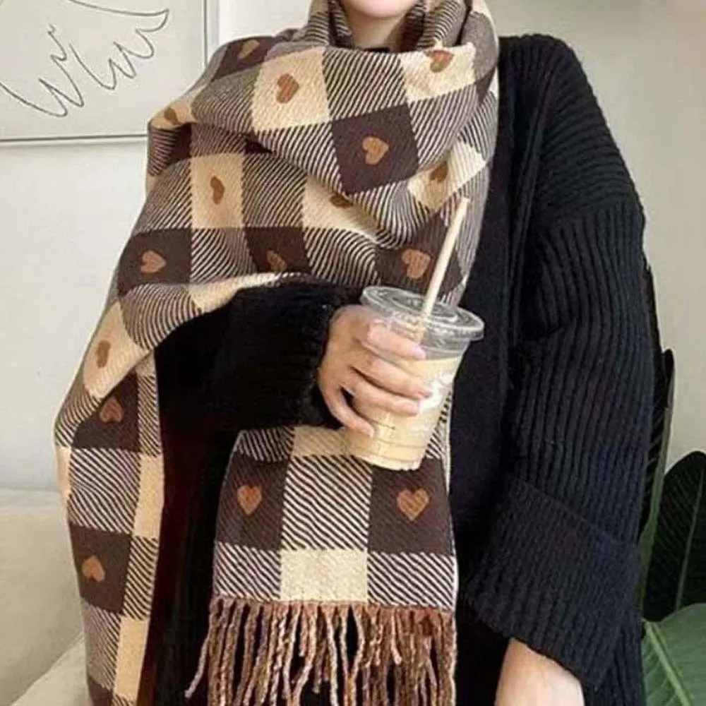 

Korean Style Acrylic Fibers Plaid Knitted Scarf Long Soft Heart Thickened Scarf Warmer Tartans Printed Tassel Shawl Spring