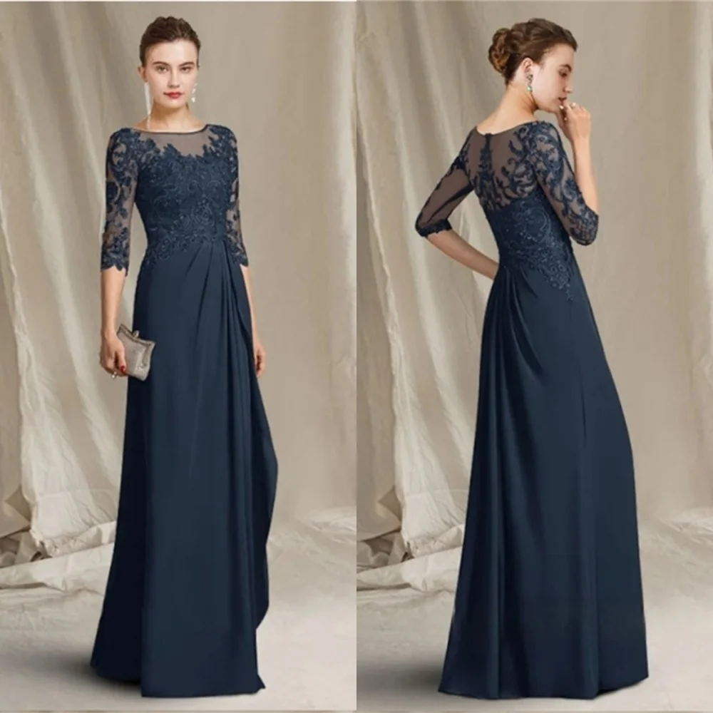 Customized Exquisite Dark Blue Jersey Evening Dress Temperament Crew Neck Long Sleeves Cocktail Dress Classic Party Dress