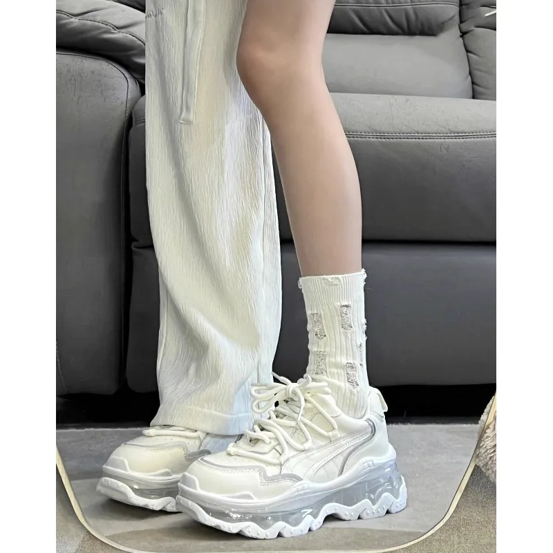 

Women's White Chunky Dad Sneakers Leather Upper Wavy Sole Height Increasing Casual Running Shoes Spring Summer 2026