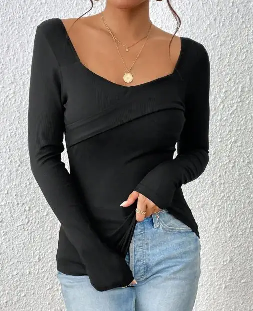 

Women's Top 2025 Autumn and Winter New Slim Fit Design Square Neck Backless Long Sleeved T-Shirt Knitted Top
