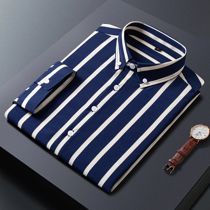 

2024 New Seven-minute Sleeve Striped Shirt Men Korean Version of The Elastic Slim Youth Shirt