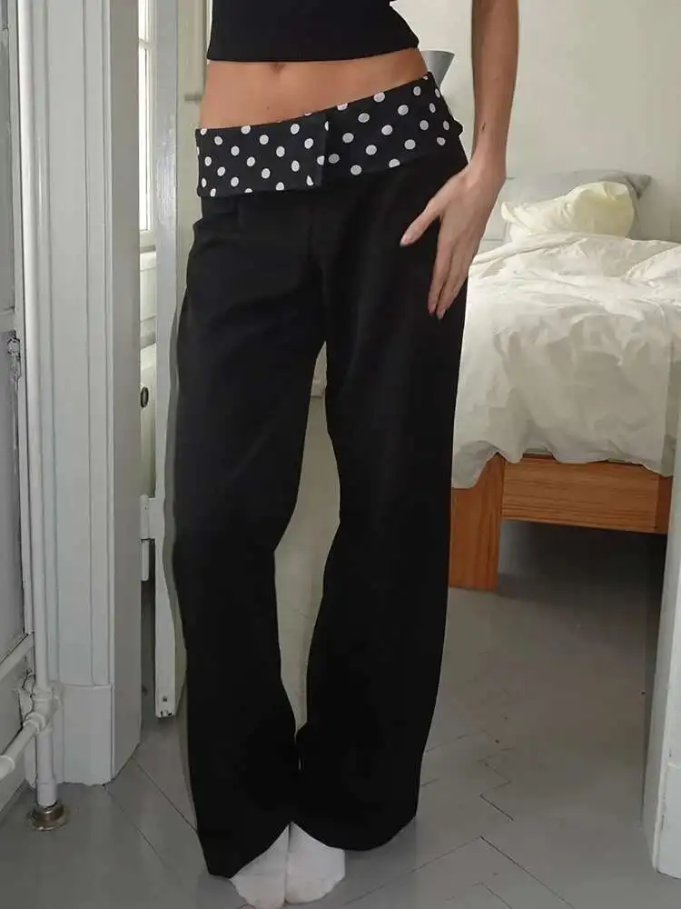 

Fantoye Printed Polka Dot Lace Trim Women Trousers Black Patchwork High Waist Long Suit Trousers Summer Loose Casual Streetwear