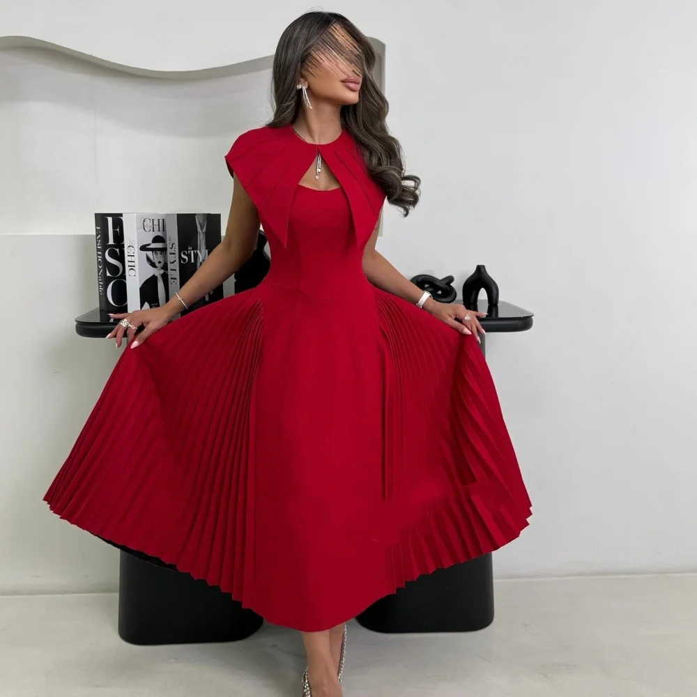 

Customized Sizes Available Sexy Jersey Pleat Draped Straight Scoop Neck Tea Length Dresses Bespoke Occasion Dresses High Quality
