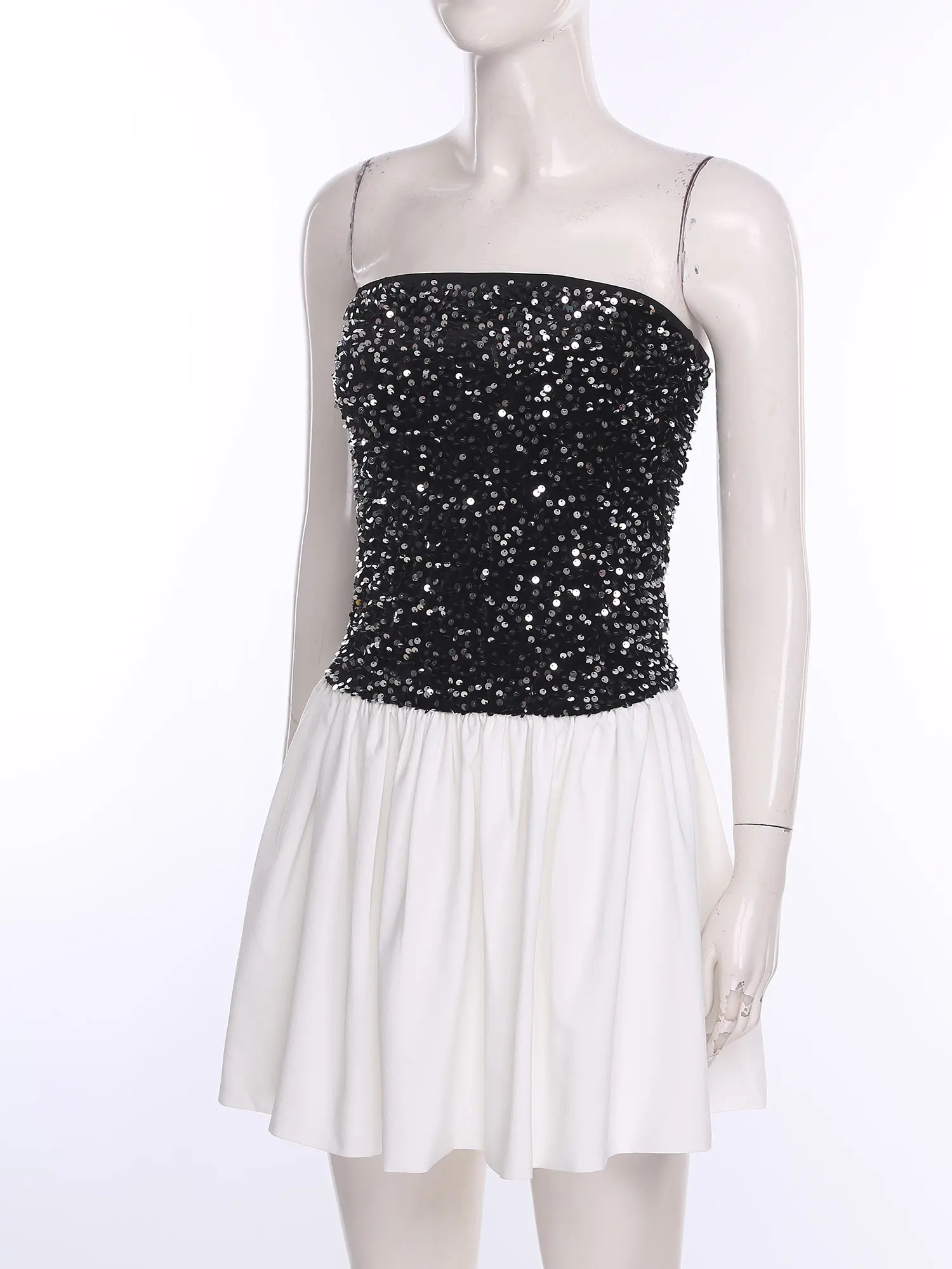 Womens Cocktail Mini Prom Dress Pleated Strapless Birthday Party Dress Girls Club Outfits Shiny Sequined A-line Hem Mini Dress