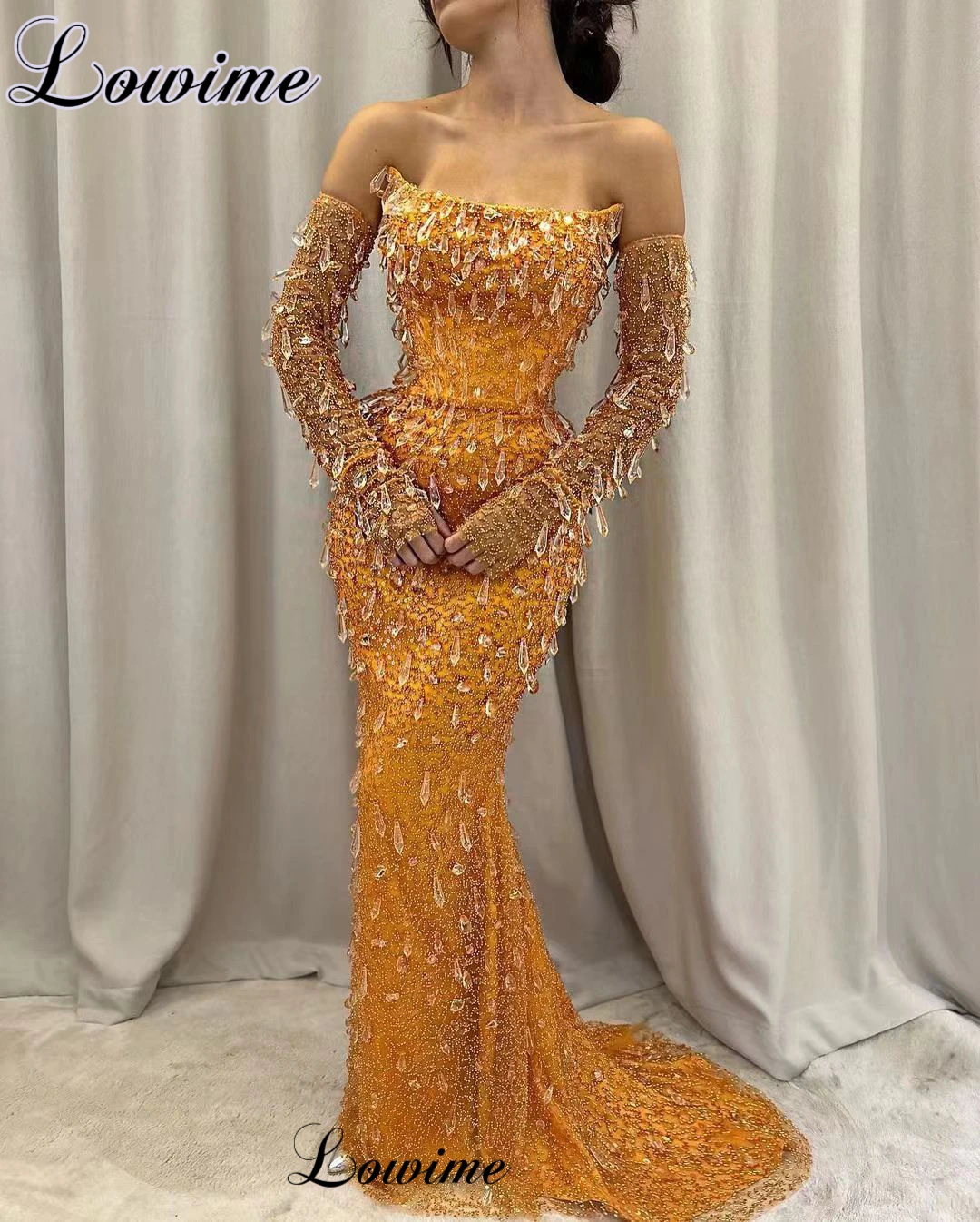 Crystals Orange Mermaid Evening Dresses Strapless Elegant Wedding Guests Dresses High Luxury Robes De Soirée Grand Party Gowns