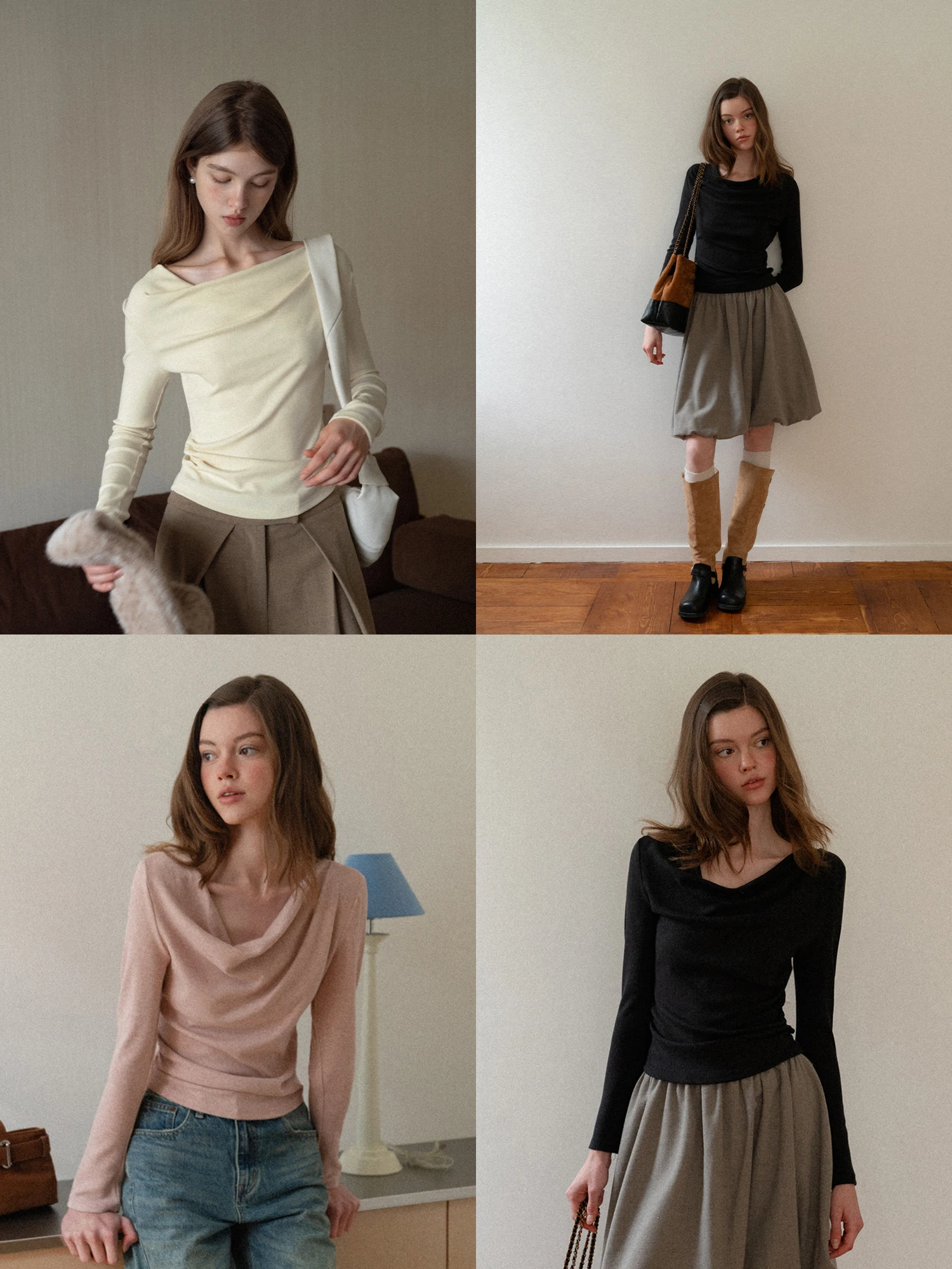 Eggka Slim Fit Long Sleeve T-Shirt Asymmetrical Shoulder Design Elegant Apricot Color Internal Wear High Waist Simple Style