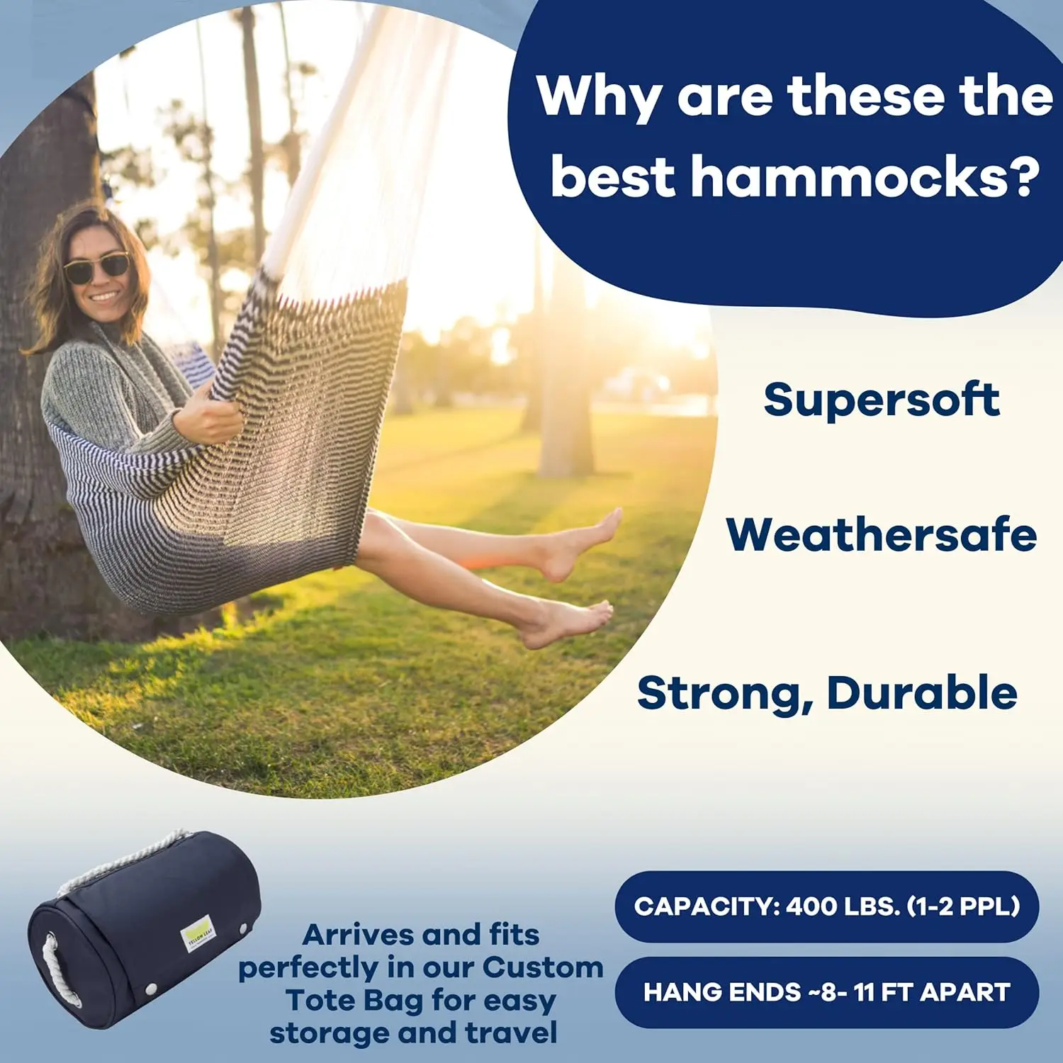 400lb max - Weathersafe, Super Strong, Easy to Hang, Ultra Soft, Artisan Made - Color: Stripe Navy Blue - White