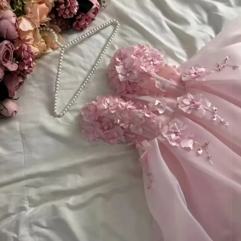 Pink Blue Appliques Flowers Organza Prom Dress 2024 Strapless Ankle-Lenght Party Gown for Women Quinceanera Dress Customized
