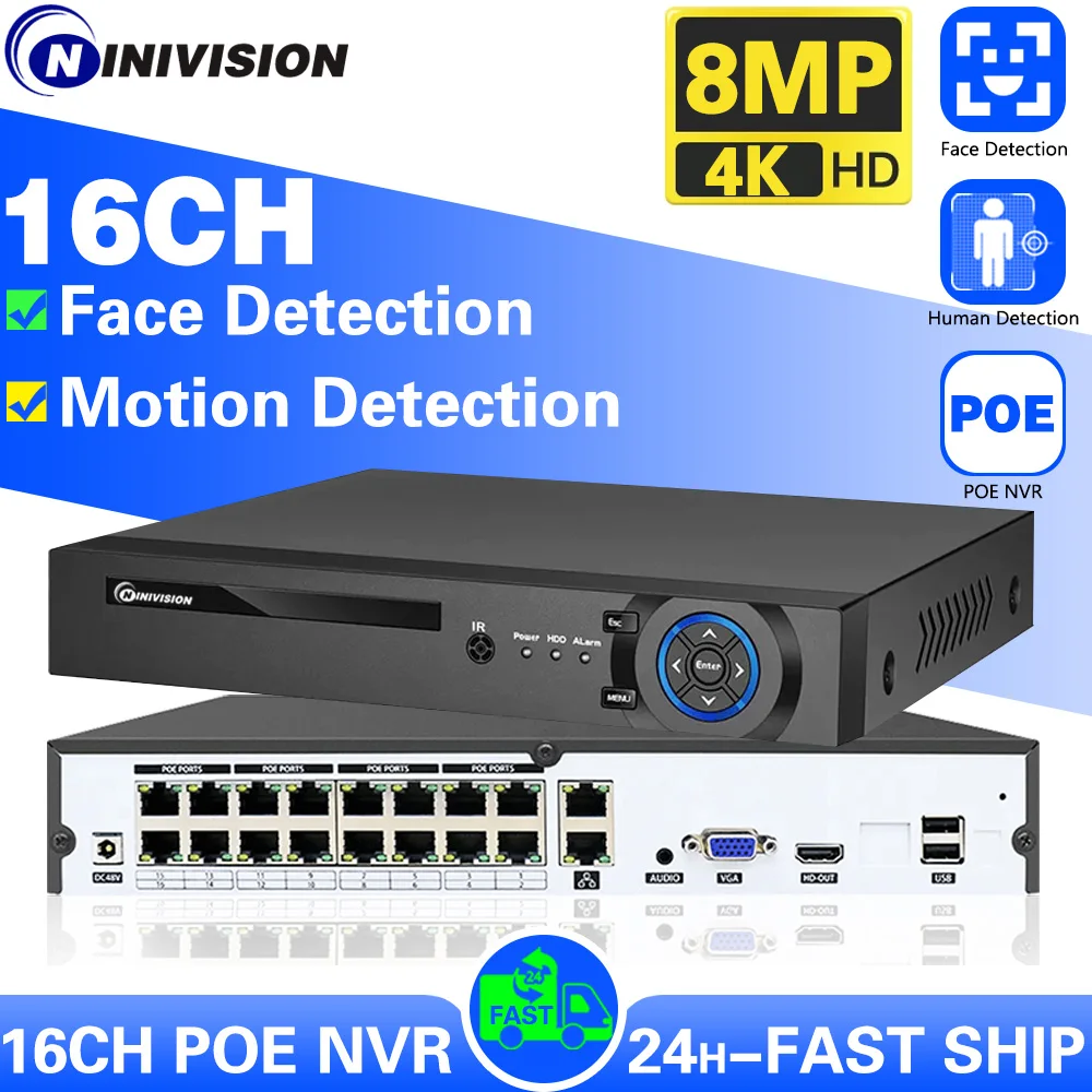 

Security 16CH POE NVR AI Face Detection Surveillance IP Camera System 4K 8MP Support 8T Hard Disk IP Network Video Recorder NVR