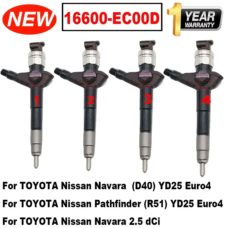 4PCS 16600-EC00D Genuine Diesel Fuel Injector 16600EC00D 16600 EC00D For TOYOTA Nissan YD25 Navara & Pathfinder R50 2006 UP 2.5L