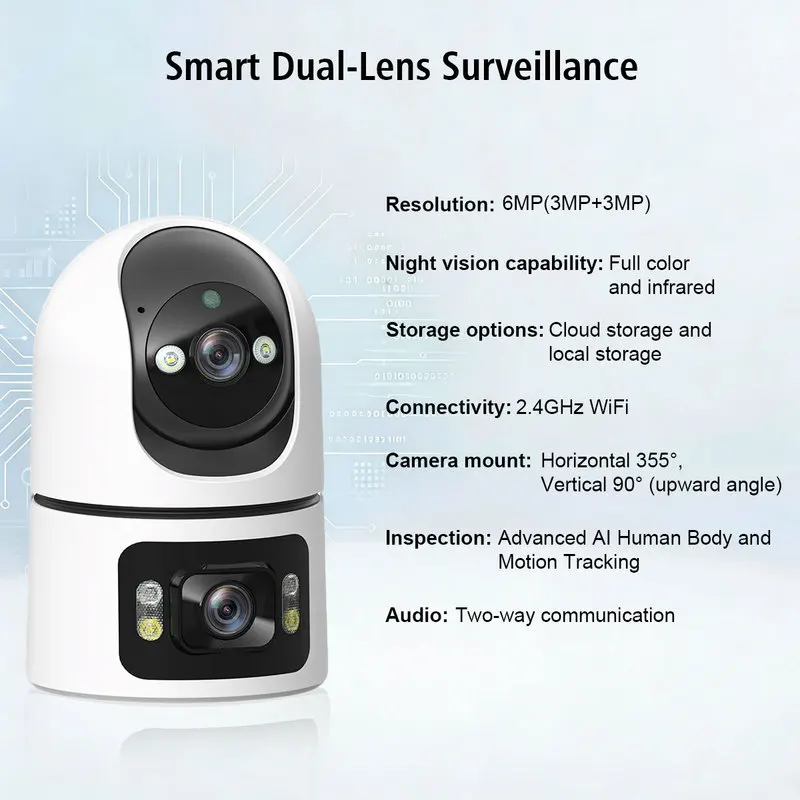 Generic Wireless Wifi Security Camera Dual Lens Panoramic Hd Night Vision Pan Tilt Two Way Audio Indoor Home Surveillance