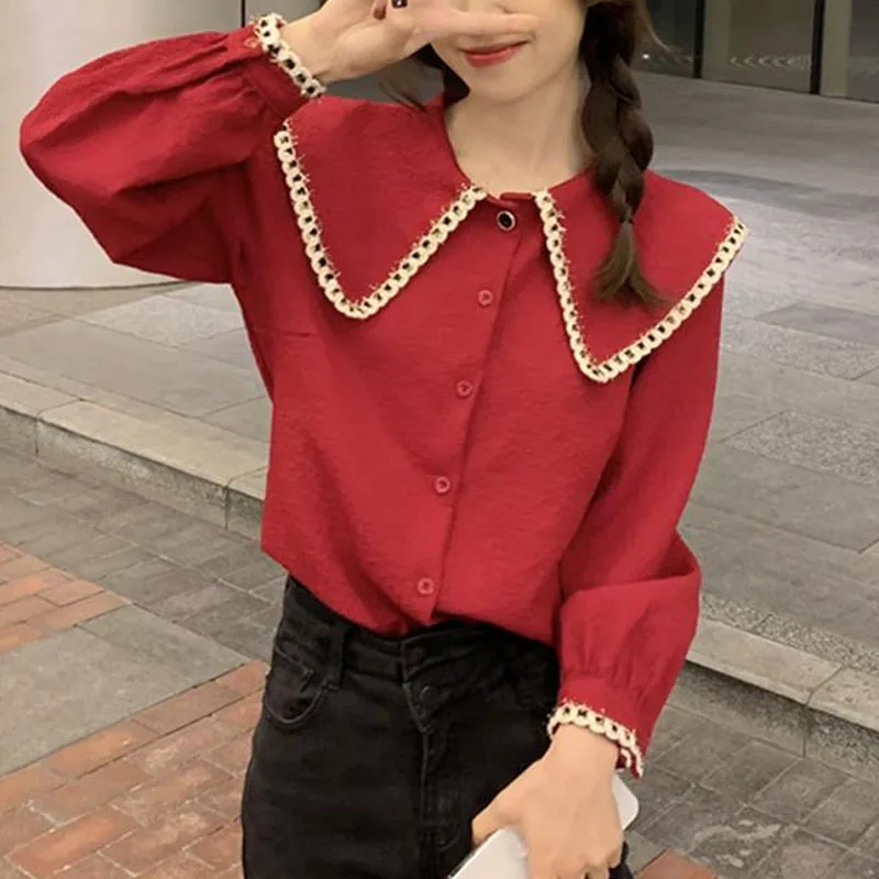 2023 New Spring and Autumn Fashion Simple Retro Doll Collar Lace Shirt Long Sleeve Temperament Commuter Women\'s Unique Loose Top