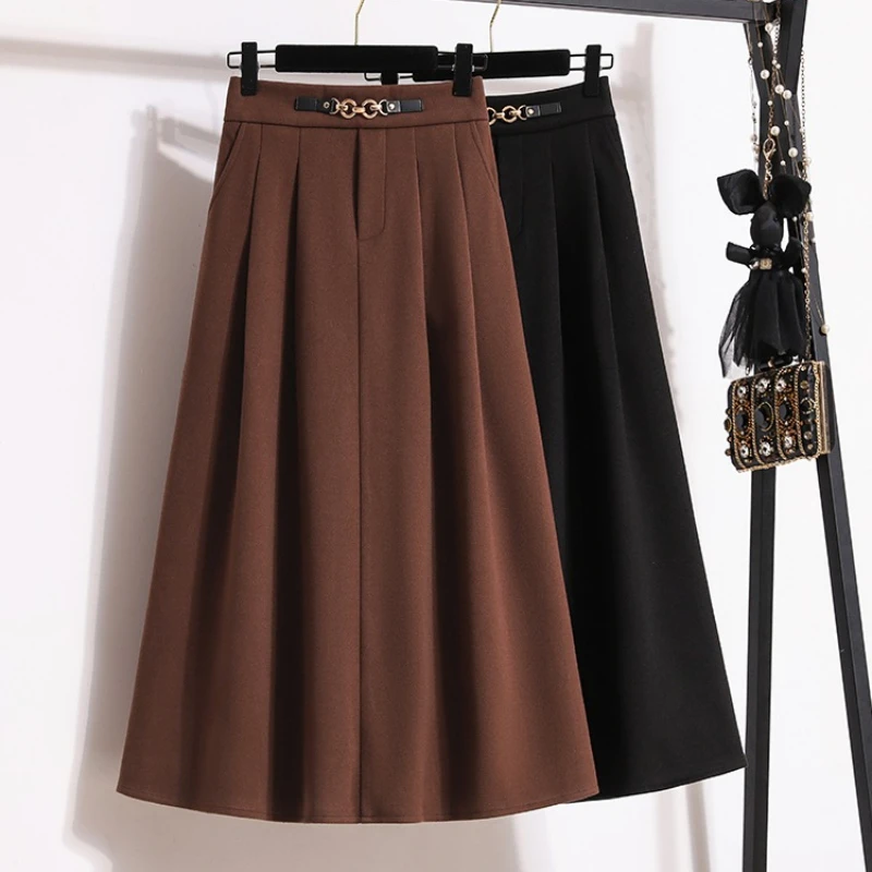 

Women Elegant Plus Size Skirts Spring High Waist Loose Brown Umbrella Skirt Casual Elastic Waist A-Line Woolen Mid-Length Skirt