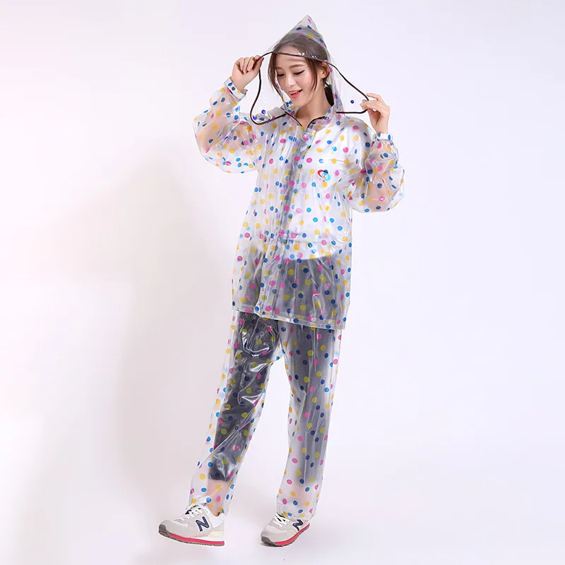 Rainbow Dots Cute Preppy Stylish Clear Waterproof Raincaot Suit Girls Jacket with Trousers