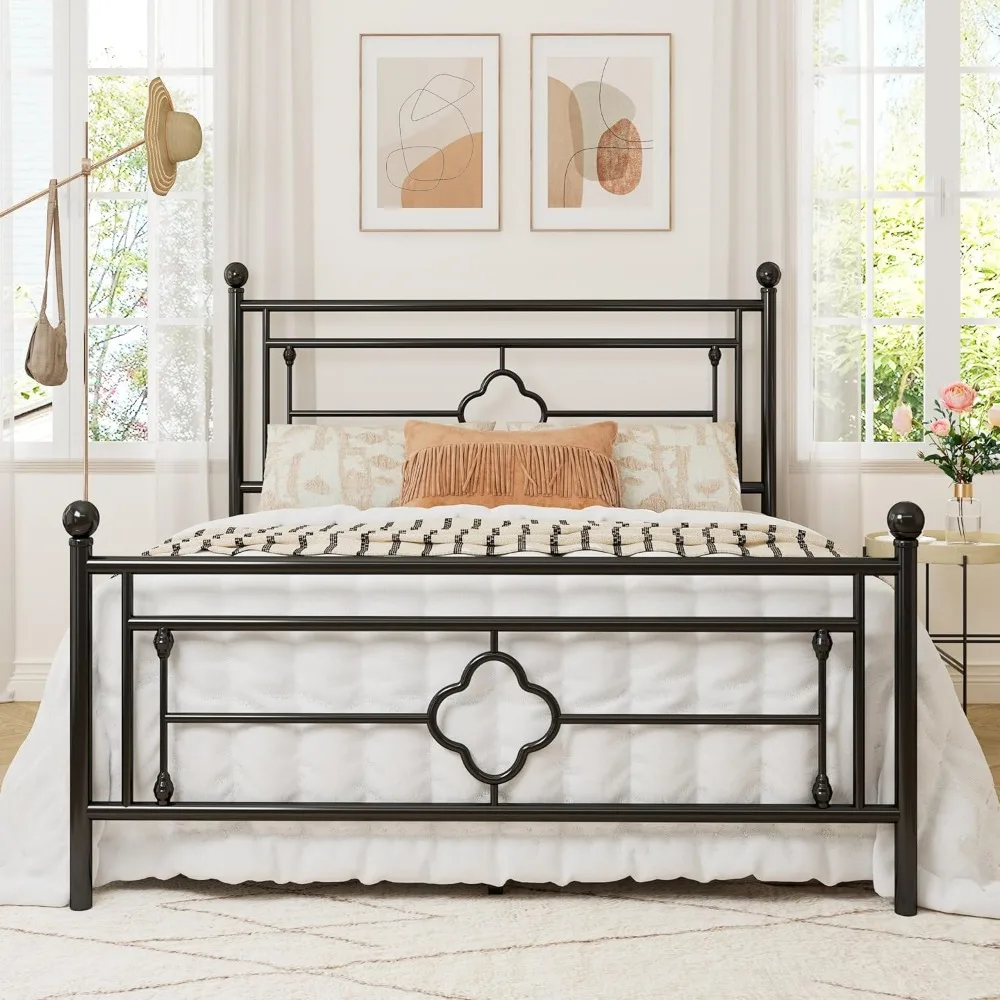 Queen Size Metal Platform Bed Frame w Victorian Vintage Headboard and Footboard/Mattress Foundation/Under Bed Storage Noise-Free