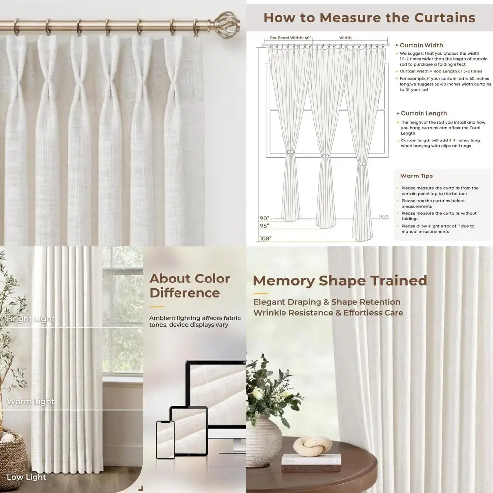 

Льняные шторы с плиссировкой, комплект из 2 панелей, светопропускающие, 40Ш x 102Д, бежево-белые