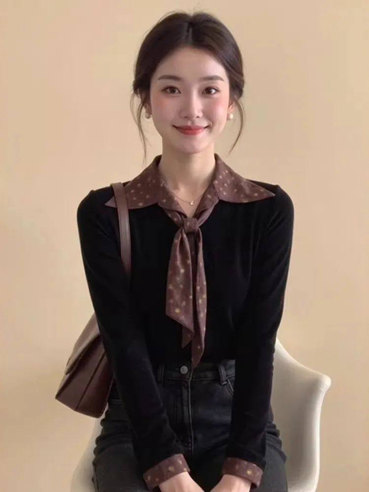 

Корейская женская футболка с длинным рукавом и шелковым шарфом в горошек, утягивающая, весенняя, модная, элитная, омолаживающая, из бархатной ткани