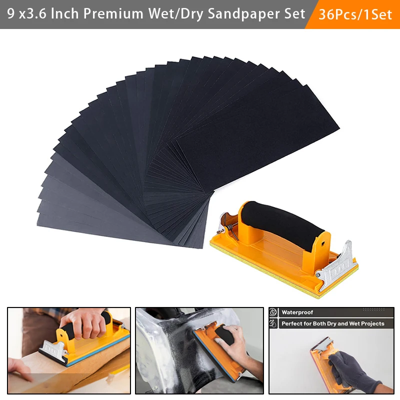 36 Pcs Wet/Dry Sandpaper Hand Sander Set 9x3.6 Inch Sheets Waterproof Sand Paper For Automotive Wood Sanding Car Metal Polishing