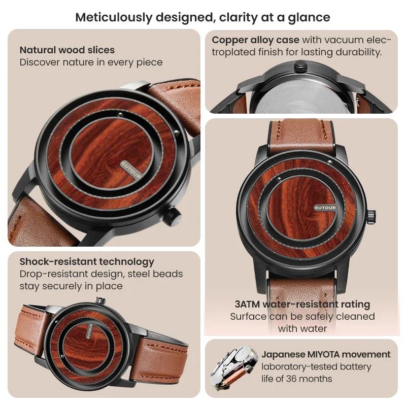 EUTOUR – Relógio unissex com contas magnéticas, relógio com elemento de design de madeira, pulseira de couro PU, design exclusivo de mãos, relógio casual de negócios