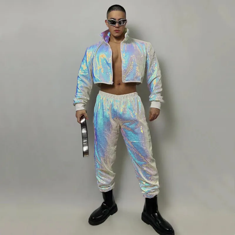 Fato de dança masculino, roupa de duas peças, tops de lantejoulas com glitter masculino, calças, bar, clube, festa, rave, bailarino, roupa de palco