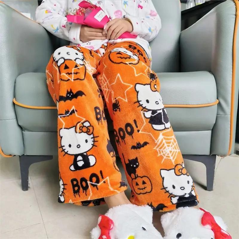 Hello Kitty Hallowmas Pumpkin Flannel Pajamas Autumn Winter Home Pants Warm Woolen Cartoon Casual Home Trousers Hallowmas Gifts