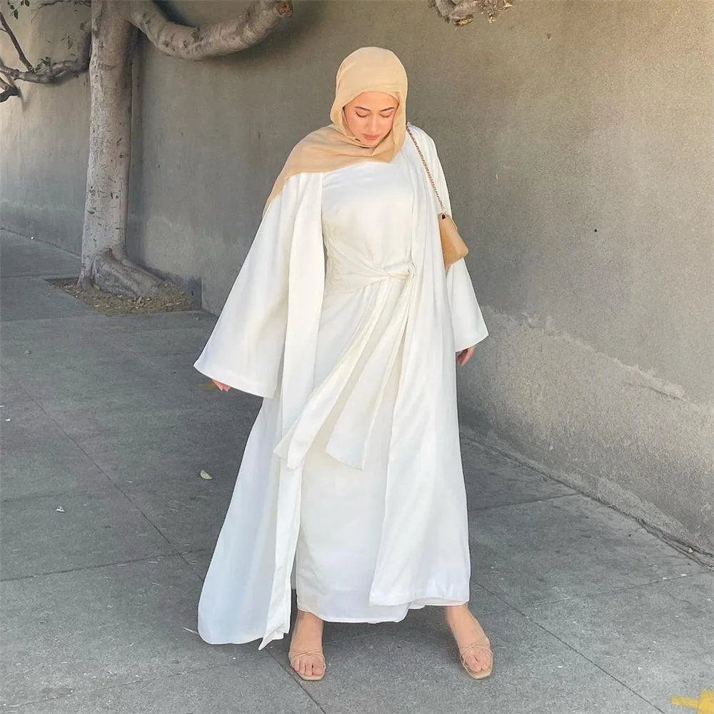 Modest Muslim Sets for Women Kimono Cardigan with Inner Long Dress Eid Kebaya Jalabiya Islam Clothing Turkey Kaftan Robe Caftan
