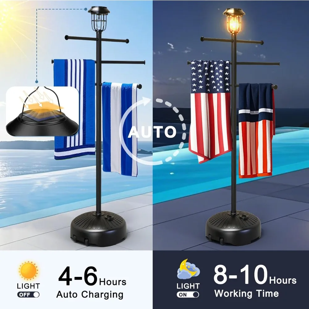 

Solar Lighted Pool Towel Rack on Wheels 63 Inch Tall Adjustable Outdoor Towel Holder Stand for Patio Hot Tub Bathroom