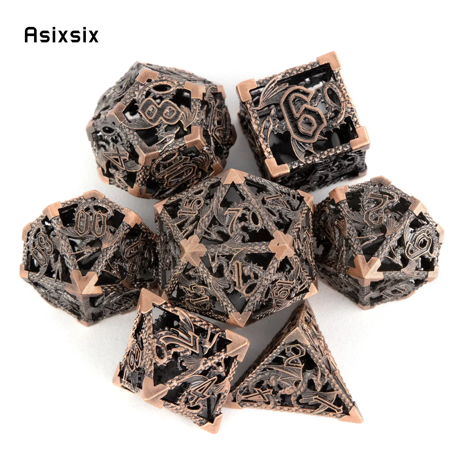 

7 Pcs Copper Flying Dragon Metal Dice Hollow Metal Polyhedral Dice Set Suitable for Role-Playing RPG Board Game Gift