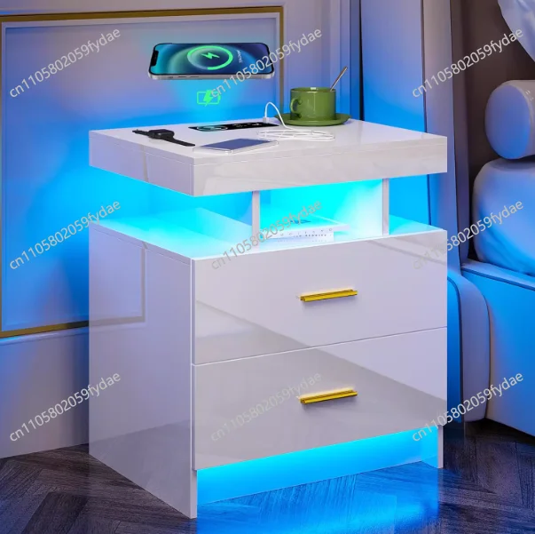 2 Set Nightstands with Wireless Charging Station, Auto Sensor 3 Color Dimmable LED Night Stand, Modern Bedside Table with 3 Dra