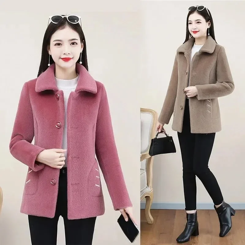 Women\'s Jackets 2024 New Wet Woolen Coat Female Short Mink-Like Overwear Foreign Style Slim Outerwear Warm Wool Jacket Ladies