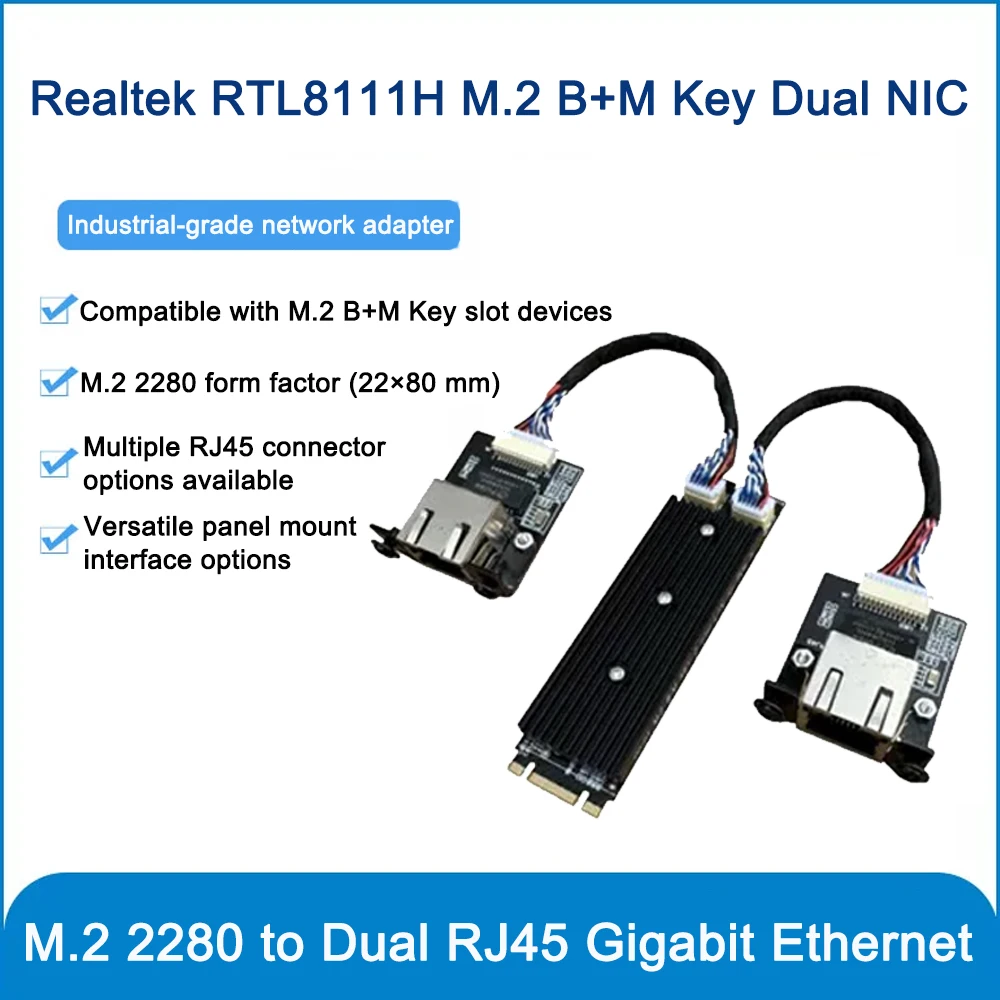 Industrial M.2 B+M Key Dual Port Gigabit NIC 2x RTL8111H Chip 1000Mbps RJ45 LAN PCIe Network Card Bracket for Mini PC IPC Server