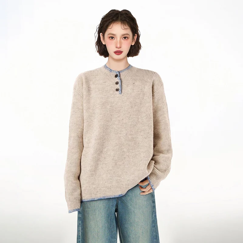 

Осенний пуловер унисекс с воротником Генри, свитер, японский вязаный свитер с ручной строчкой, ленивый стиль, уличная одежда в стиле ретро, вязаная рубашка