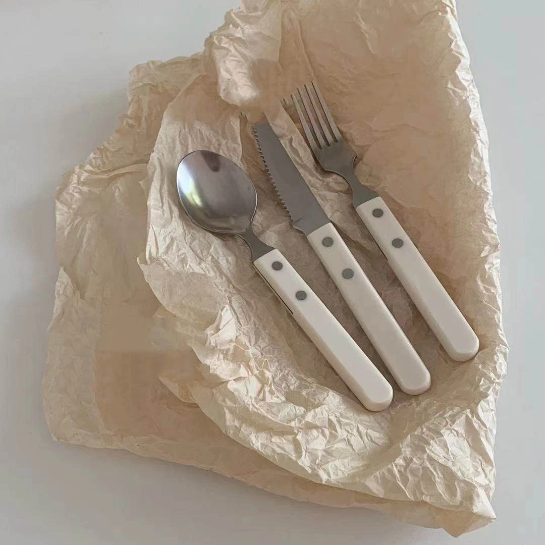 French Vintage Milk White Retro Knife, Fork, Fork Butter Spoon 4-Piece Set Household Steak Tableware Stainless Steel Tableware