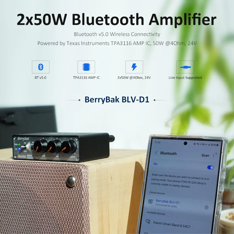 TPA3116 2x50W Bluetooth Amplifier BT 5.0 Stereo Class D Amp w DSP Independent Treble/Bass/Volume Control & PC UI Control BLV-D1