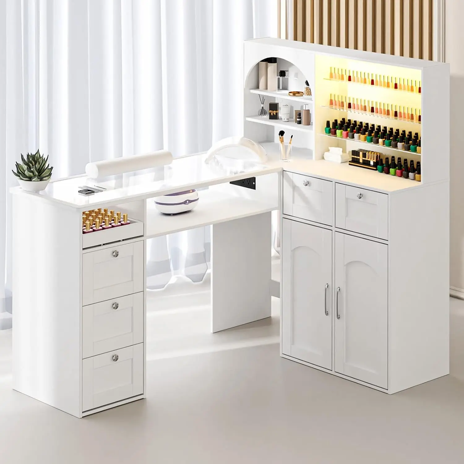 Manicure Table Nail Tech Desk w/LED Display Shelf, L-Shaped Glass Top Nail Station w/USB Ports, Cabinet, Drawer, Wrist Rest, for