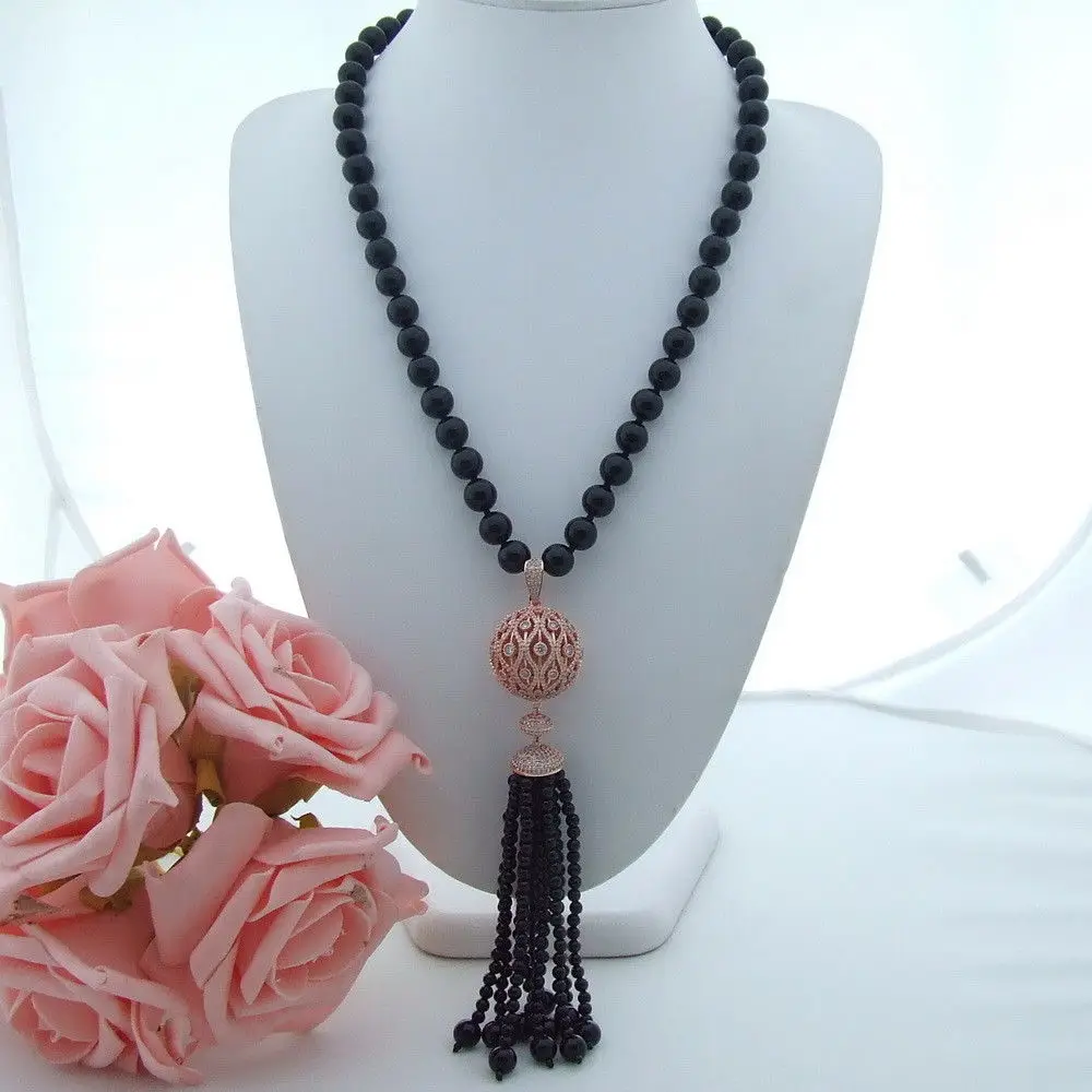 Charming round black onyx necklace micro inlay zircon accessories tassel pendant necklace long 58 cm