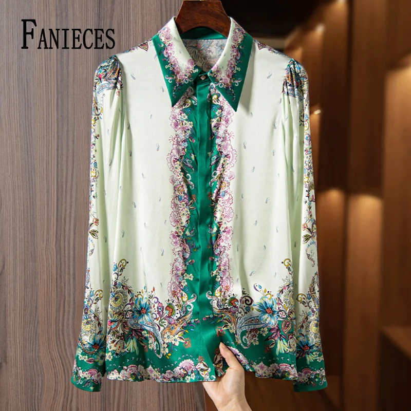 FANIECES-Blusa de manga comprida vintage para mulheres, camisa primavera outono, camisa barroca da moda, tops de luxo, S a 4XL