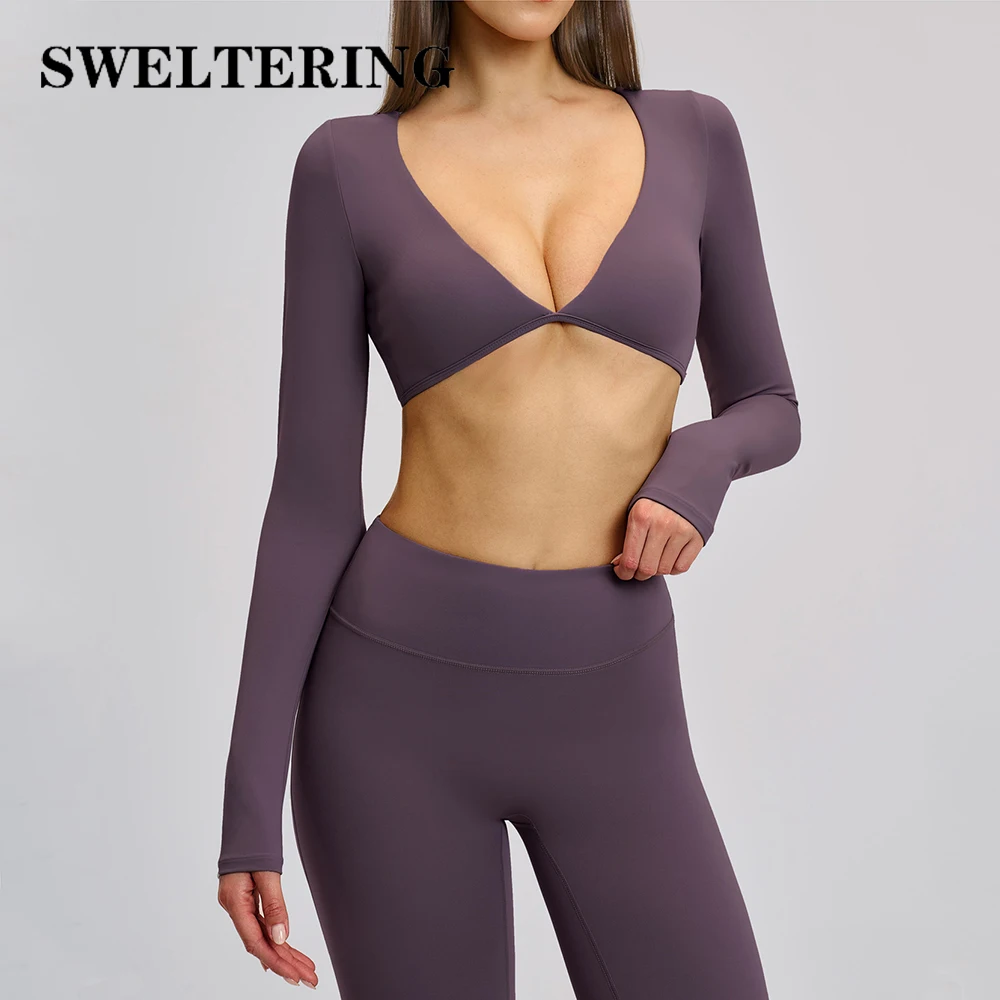 

Женская сексуальная футболка с глубоким V-образным вырезом, длинным рукавом, однотонная, для йоги и тренировок, быстросохнущая, спортивный кроп-топ с длинным рукавом